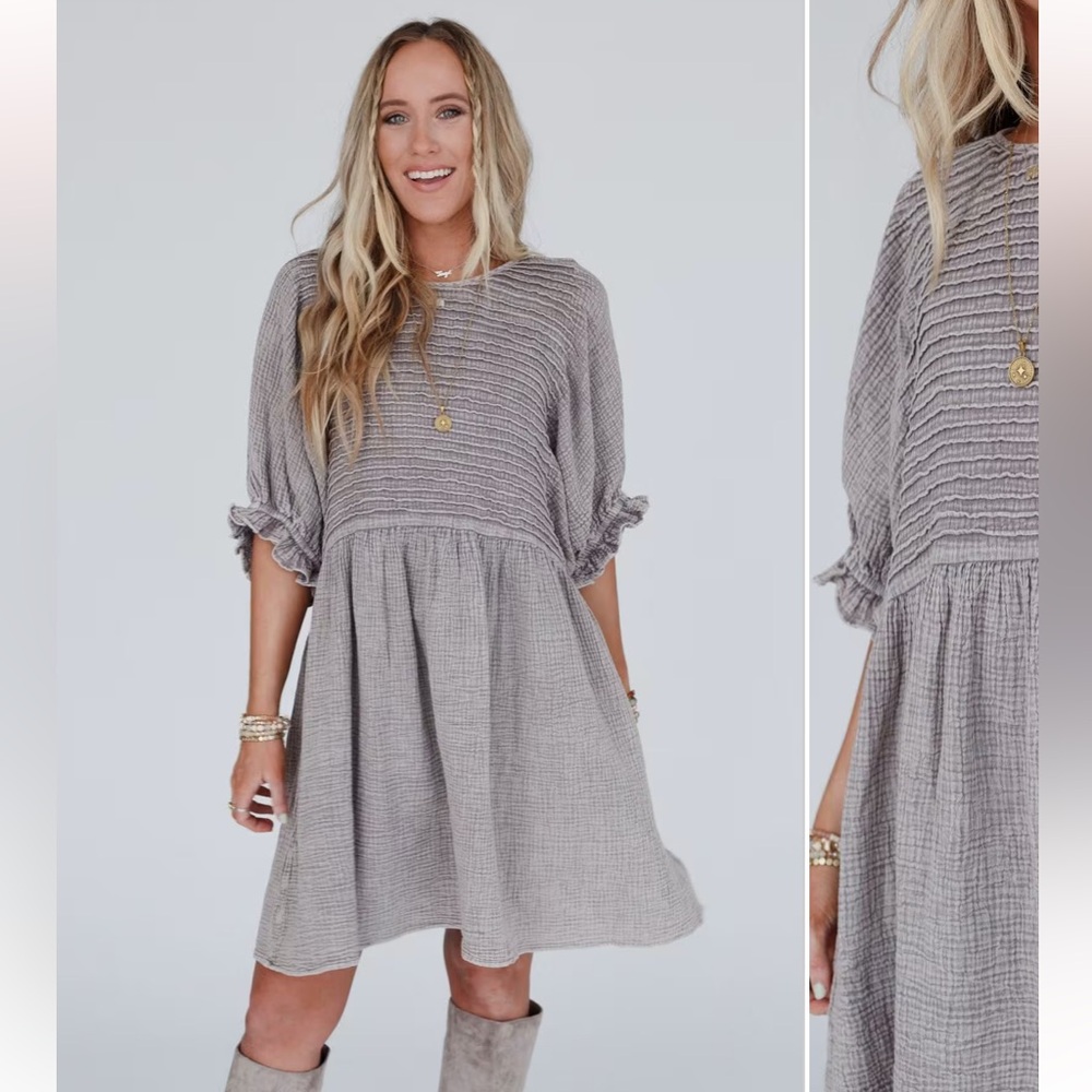 Three Bird Nest Gray Long Sleeve Dress